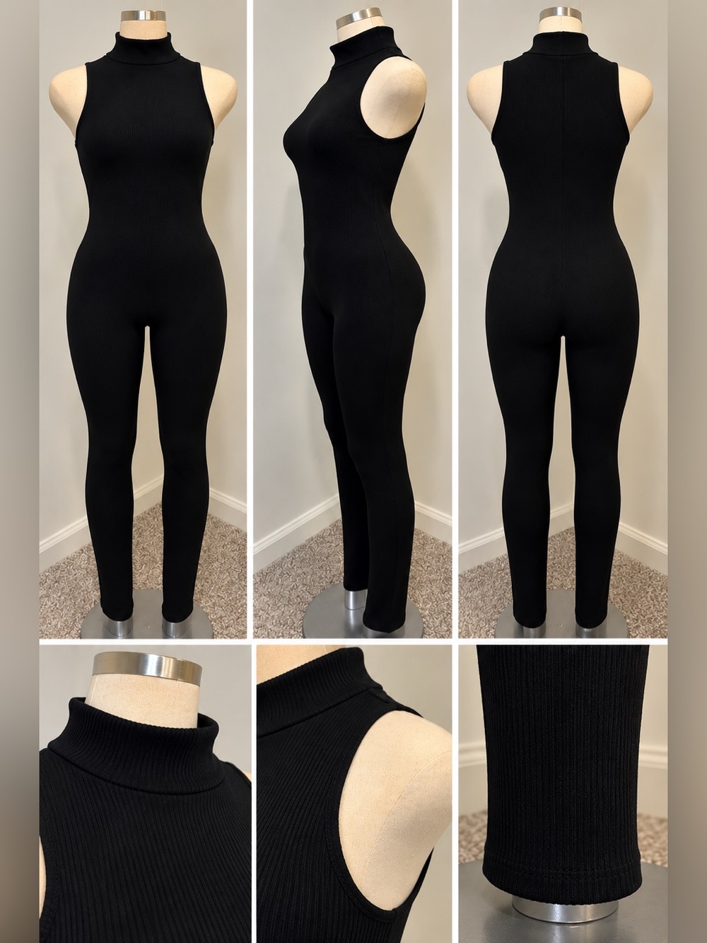 Womenโs Black Sleeveless Mock Neck Fitted Full Length Jumpsuit